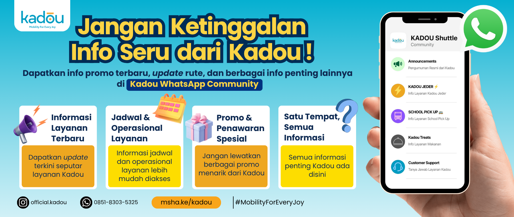 Kadou Community Channel adalah pusat informasi untuk mendapatkan update layanan, promo, pengumuman, dan berbagai informasi terbaru dari Kadou.